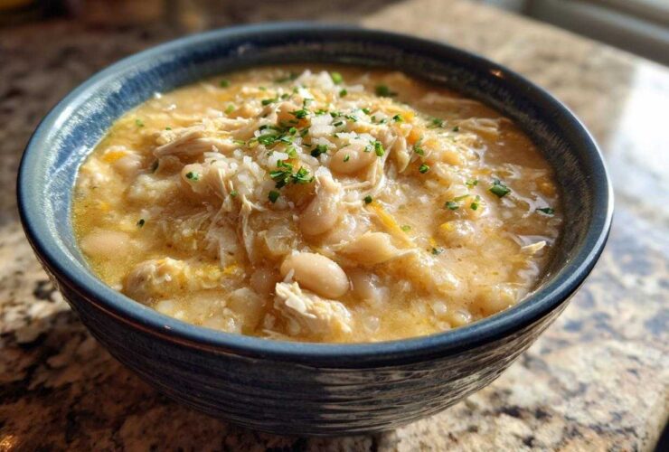A close-up of a hearty bowl of creamy chicken chili topped with shredded chicken and chives.