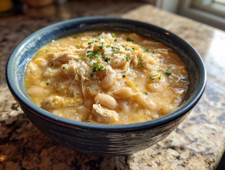 A close-up of a hearty bowl of creamy chicken chili topped with shredded chicken and chives.