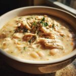 Close-up of a creamy white chicken chili topped with shredded chicken and fresh parsley.