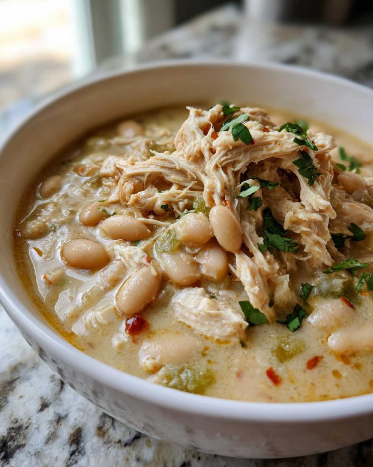 Close-up of a creamy white chicken chili topped with shredded chicken, white beans, and parsley.