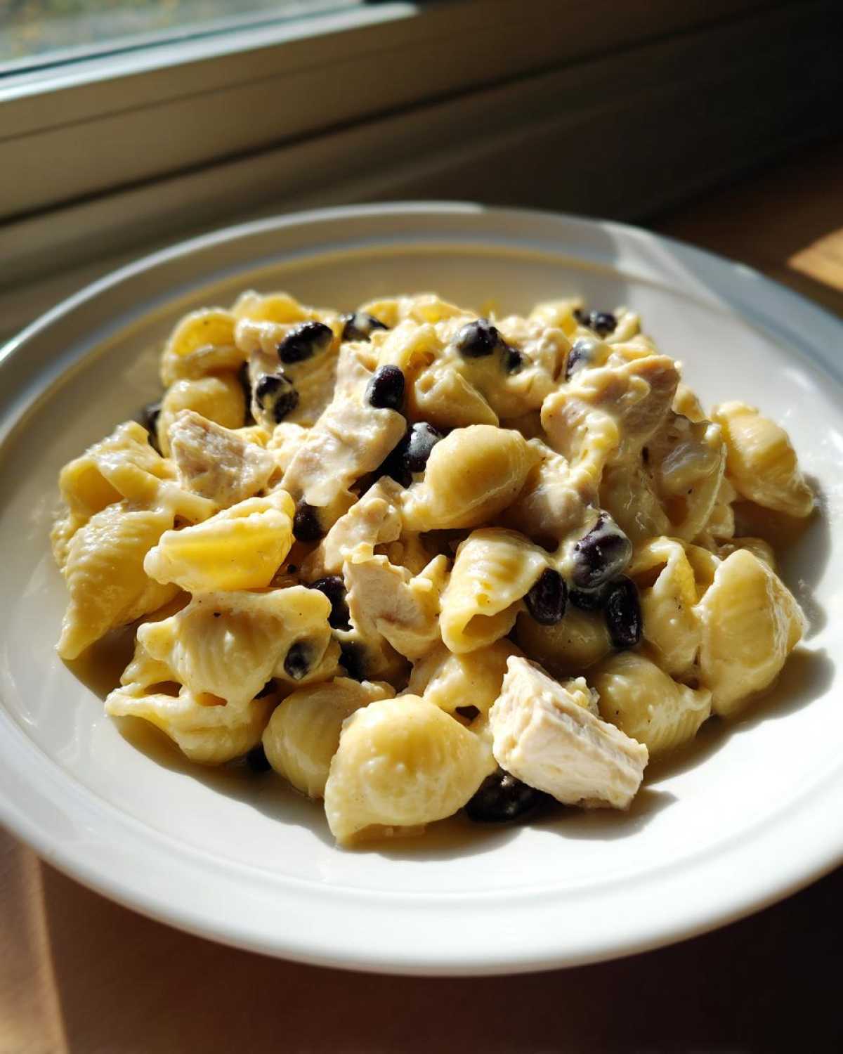 A close-up of creamy enchilada pasta made with shell pasta, chicken chunks, and black beans.