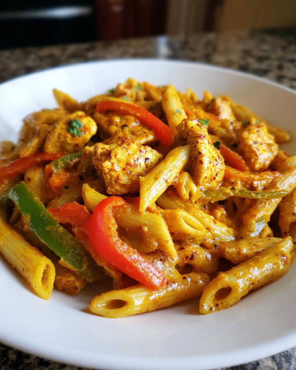 Close-up of creamy, yellow-orange Rasta Pasta with chicken chunks and colorful bell pepper strips.