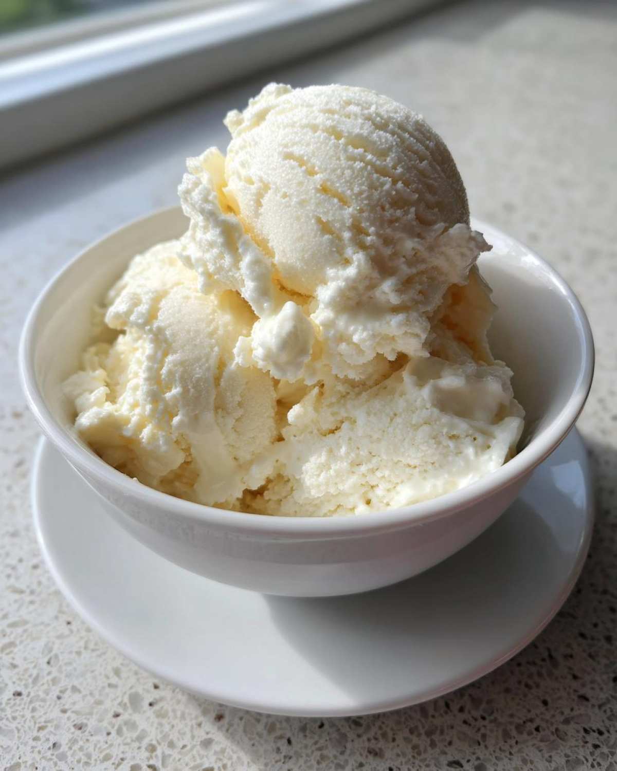 Close-up of several scoops of creamy, pale yellow cottage cheese ice cream served in a small white bowl.