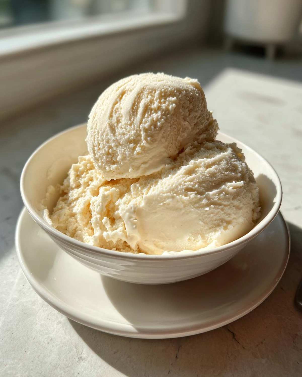 Two generous scoops of creamy, pale yellow cottage cheese ice cream served in a white bowl.