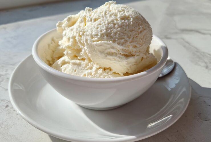 Two scoops of creamy, white cottage cheese ice cream served in a small white bowl on a matching saucer.