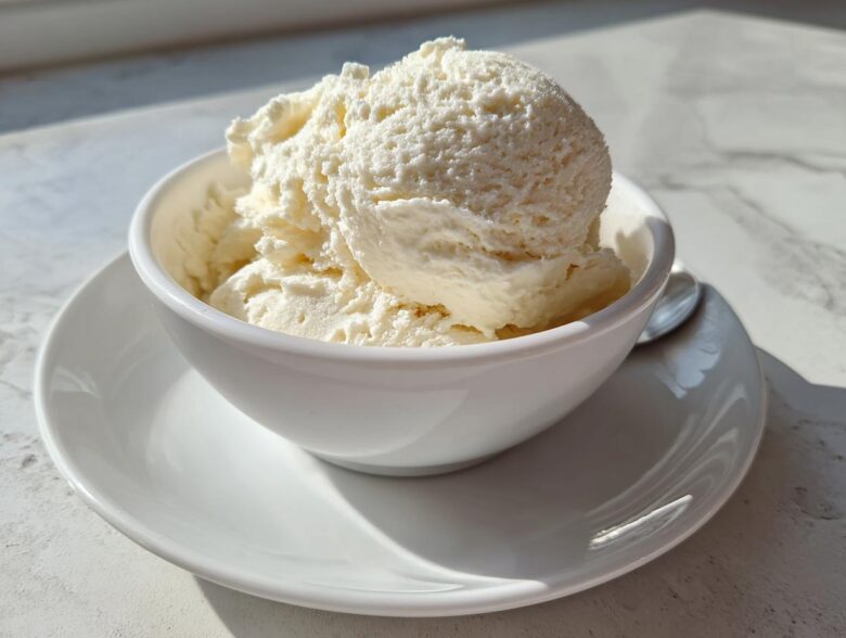 Two scoops of creamy, white cottage cheese ice cream served in a small white bowl on a matching saucer.