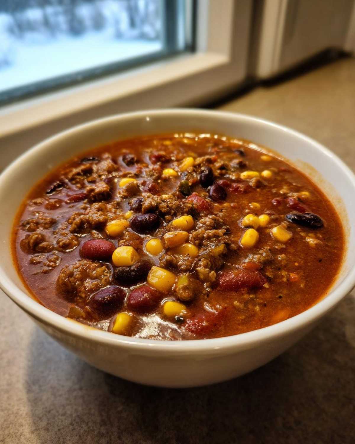 Close-up of a white bowl filled with rich, creamy cowboy soup featuring ground beef, kidney beans, black beans, and bright yellow corn kernels.