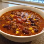 Close-up of a white bowl filled with rich, red cowboy soup containing ground beef, kidney beans, and corn kernels.