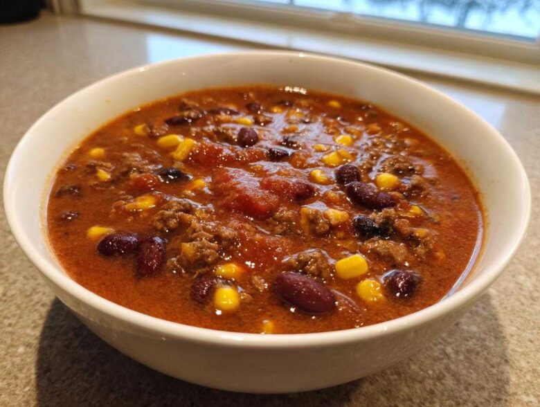 Close-up of a white bowl filled with rich, red cowboy soup containing ground beef, kidney beans, and corn kernels.