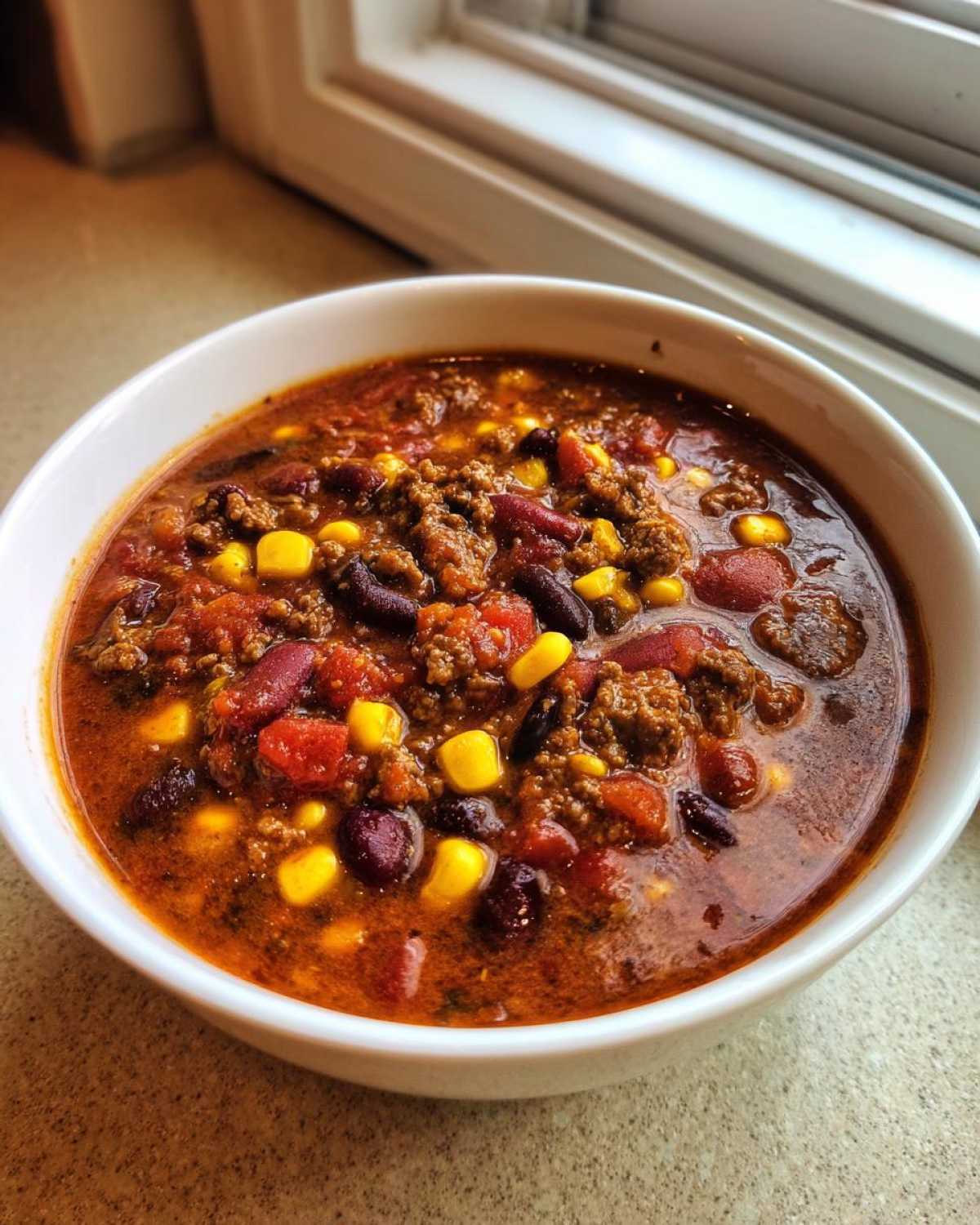 A close-up of a white bowl filled with rich, creamy cowboy soup containing ground beef, kidney beans, and bright yellow corn.