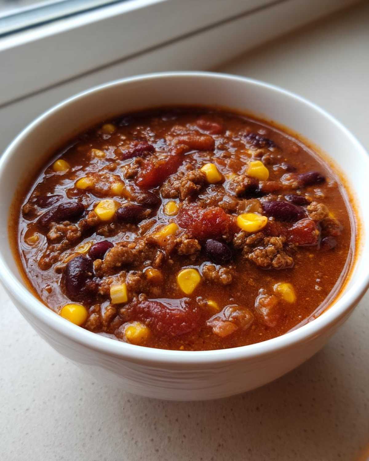 Close-up of a white bowl filled with rich, red cowboy soup featuring ground beef, kidney beans, and corn kernels.