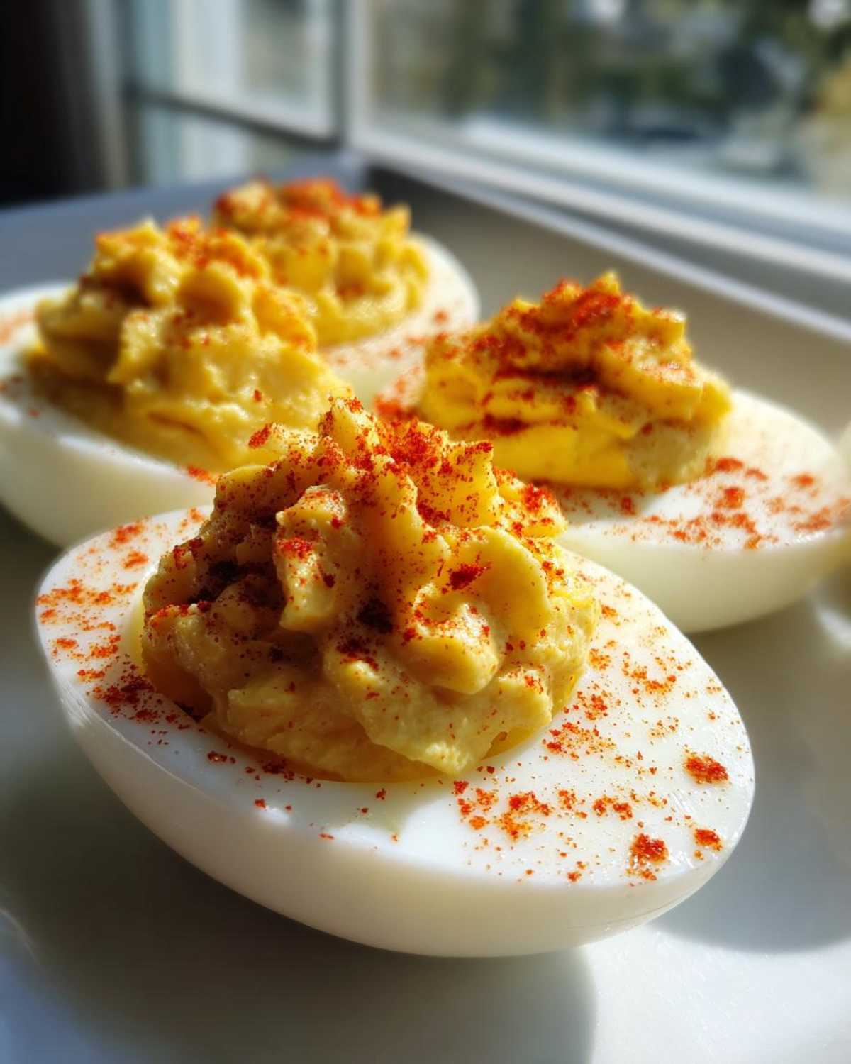 Close-up of creamy deviled eggs piped high and sprinkled with bright red paprika.