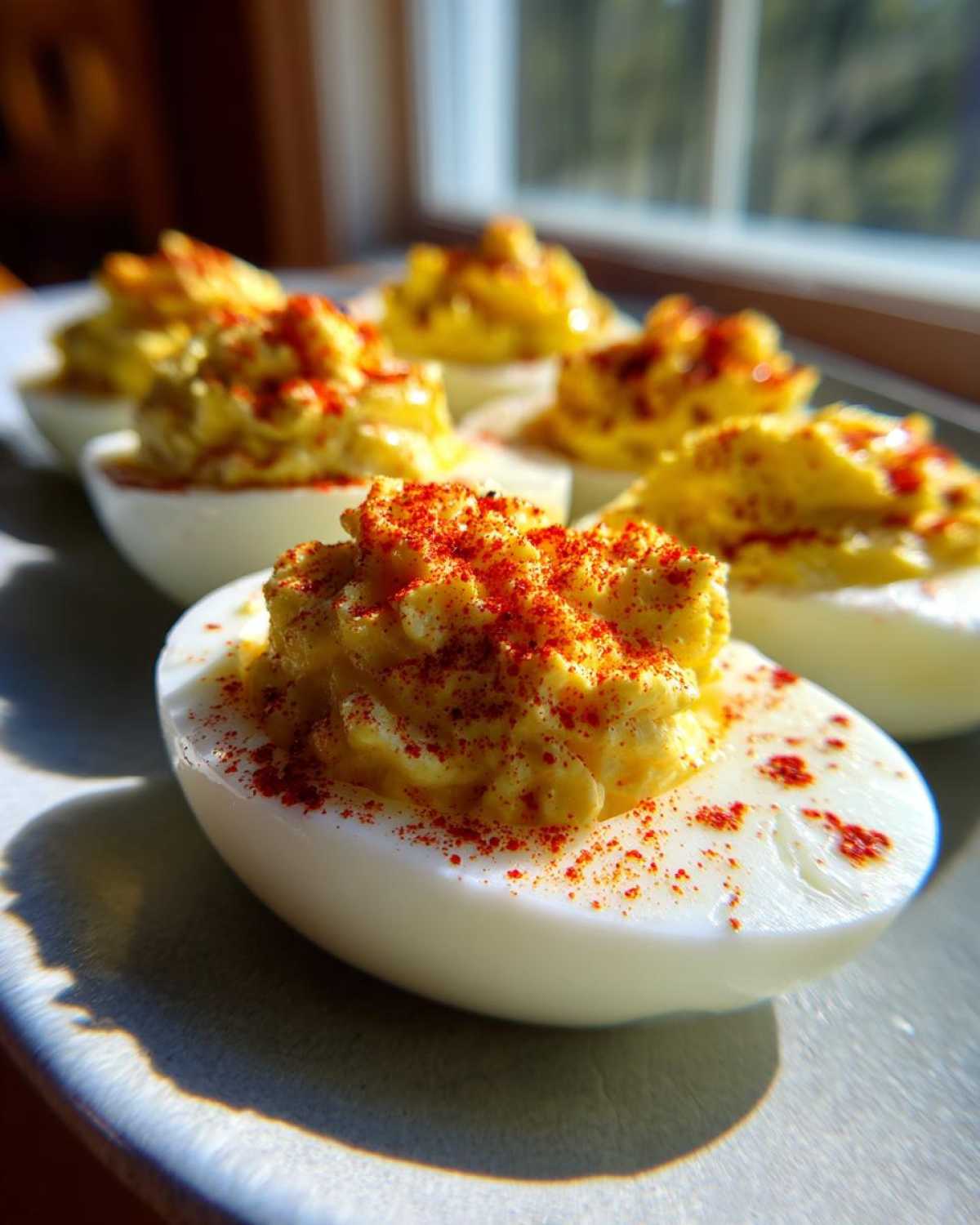 Close-up of creamy deviled eggs topped with bright red paprika, sitting on a plate near a window.