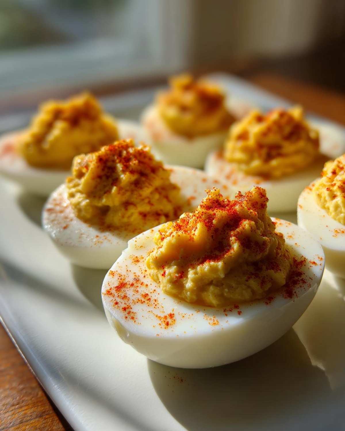 Close-up of creamy deviled eggs, piped high and dusted generously with paprika, served on a white platter.