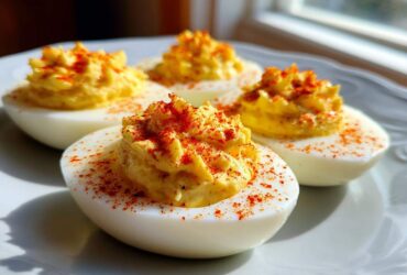 Four beautifully prepared deviled eggs with creamy, piped filling, dusted generously with paprika.
