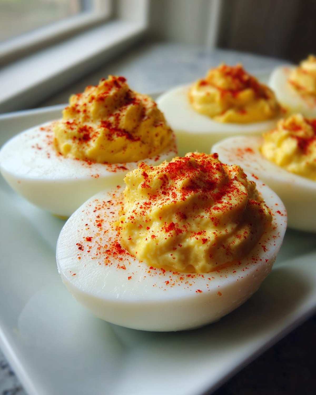 Close-up of creamy deviled eggs piped high and dusted generously with bright red paprika.