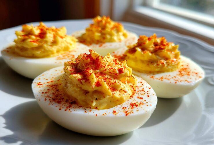 Four beautifully prepared deviled eggs with creamy, piped filling, dusted generously with paprika.
