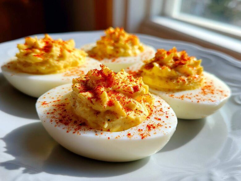 Four beautifully prepared deviled eggs with creamy, piped filling, dusted generously with paprika.