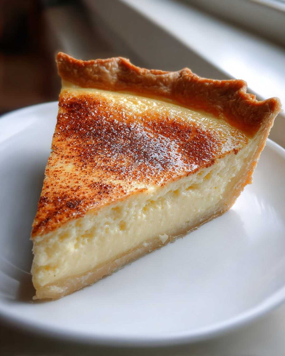 A close-up of a creamy slice of egg custard tart dusted with cinnamon on a white plate.