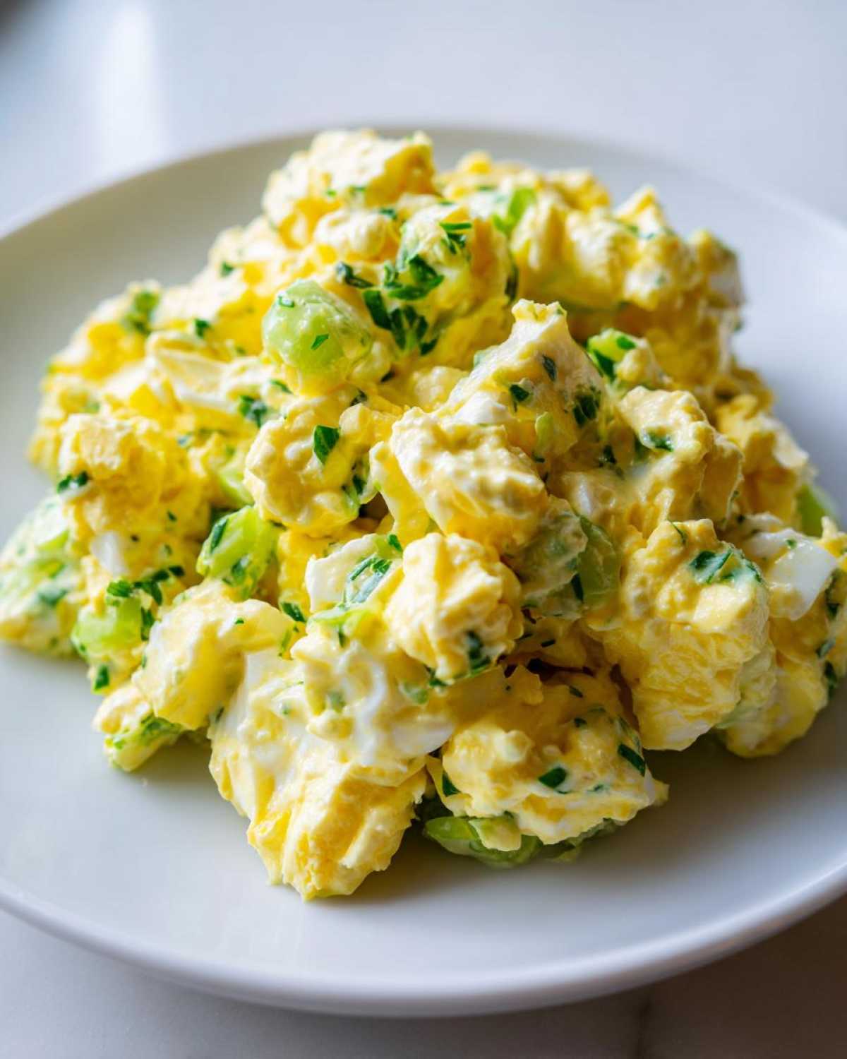 A close-up view of a mound of creamy egg salad recipe mixed with chopped celery and fresh parsley on a white plate.