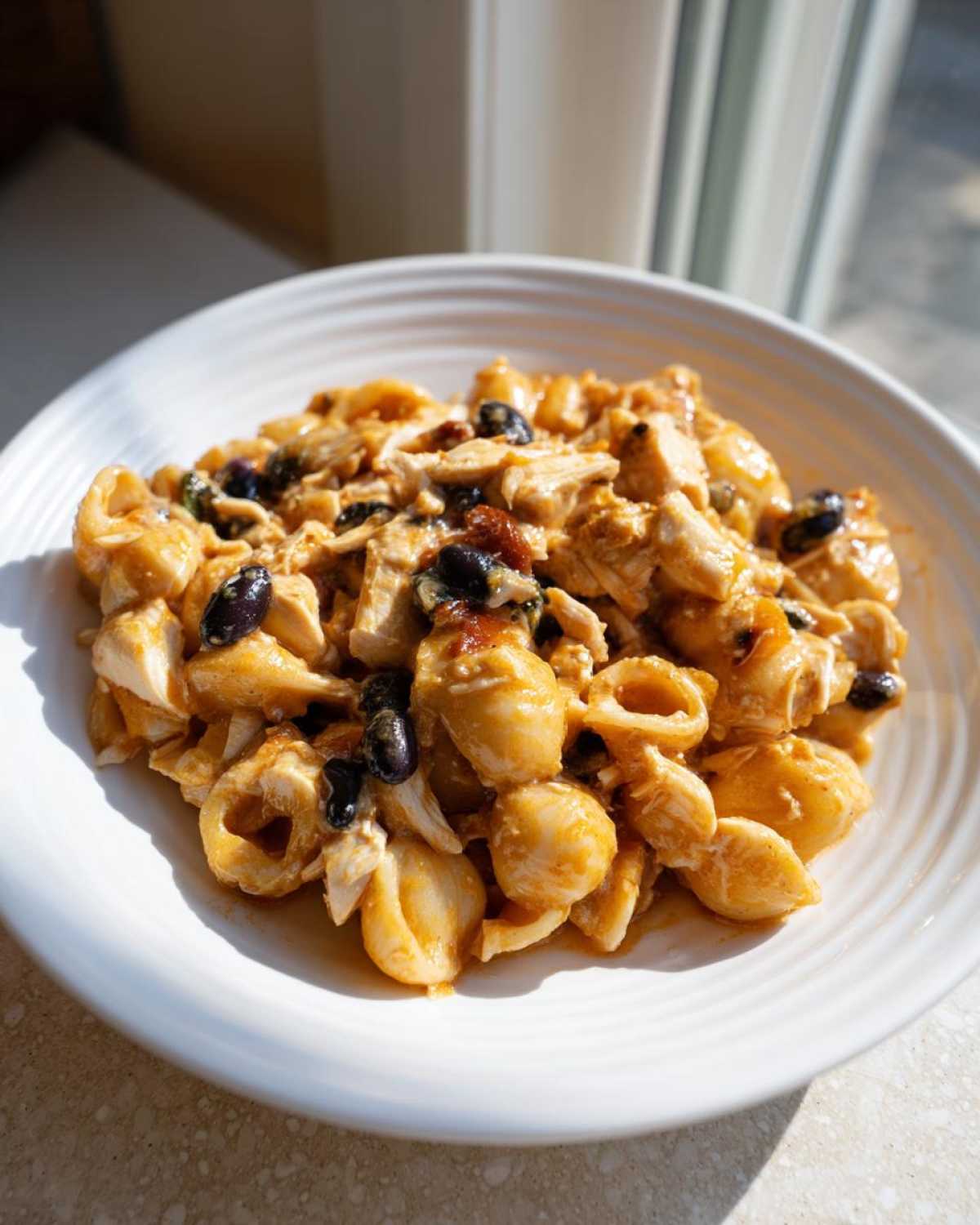 A close-up of a white bowl filled with creamy enchilada pasta, chicken, and black beans, lit by sunlight.