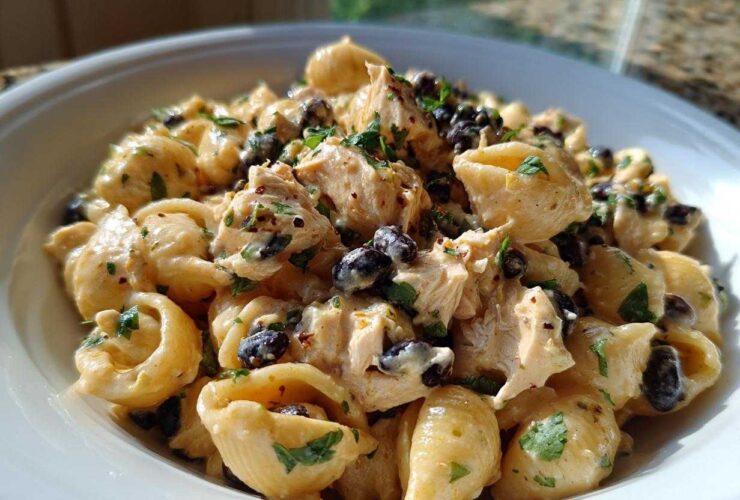 Close-up of creamy enchilada pasta featuring shell pasta, shredded chicken, black beans, and parsley garnish.
