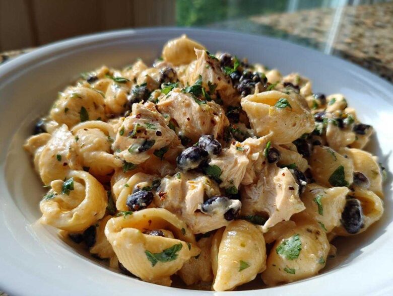 Close-up of creamy enchilada pasta featuring shell pasta, shredded chicken, black beans, and parsley garnish.