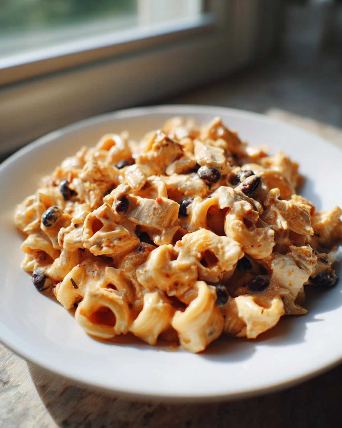 Close-up of creamy enchilada pasta with black beans served on a white plate near a window.