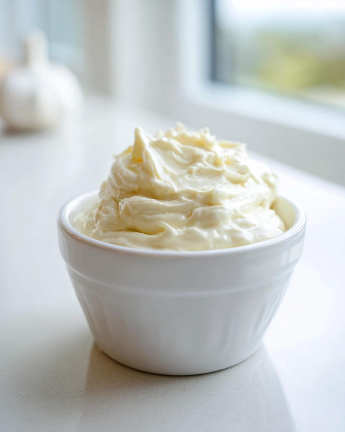 A close-up of thick, creamy homemade garlic aioli mounded high in a small white bowl.