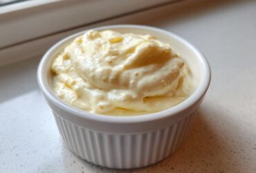 A small white ramekin filled with thick, creamy homemade garlic aioli sitting on a light countertop.