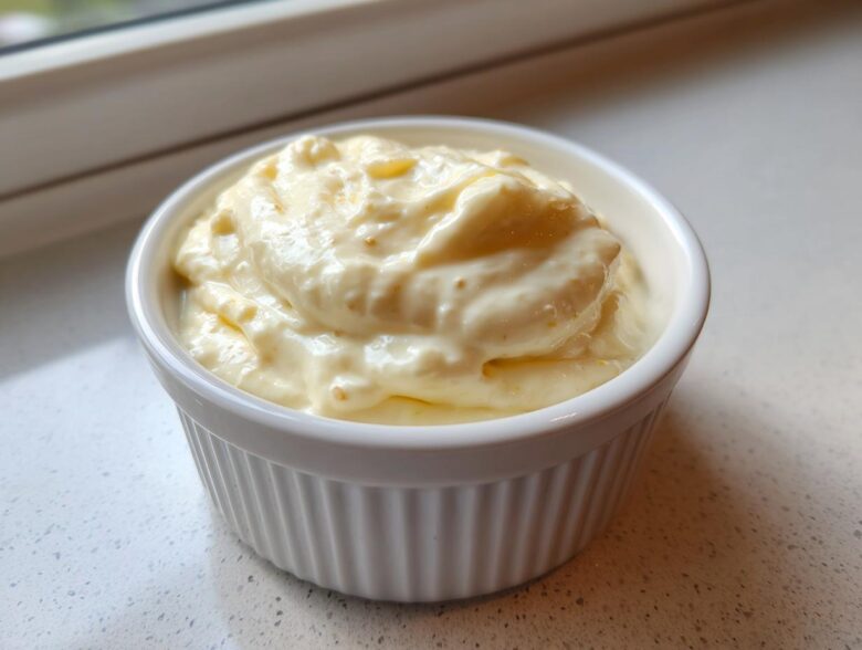 A small white ramekin filled with thick, creamy homemade garlic aioli sitting on a light countertop.