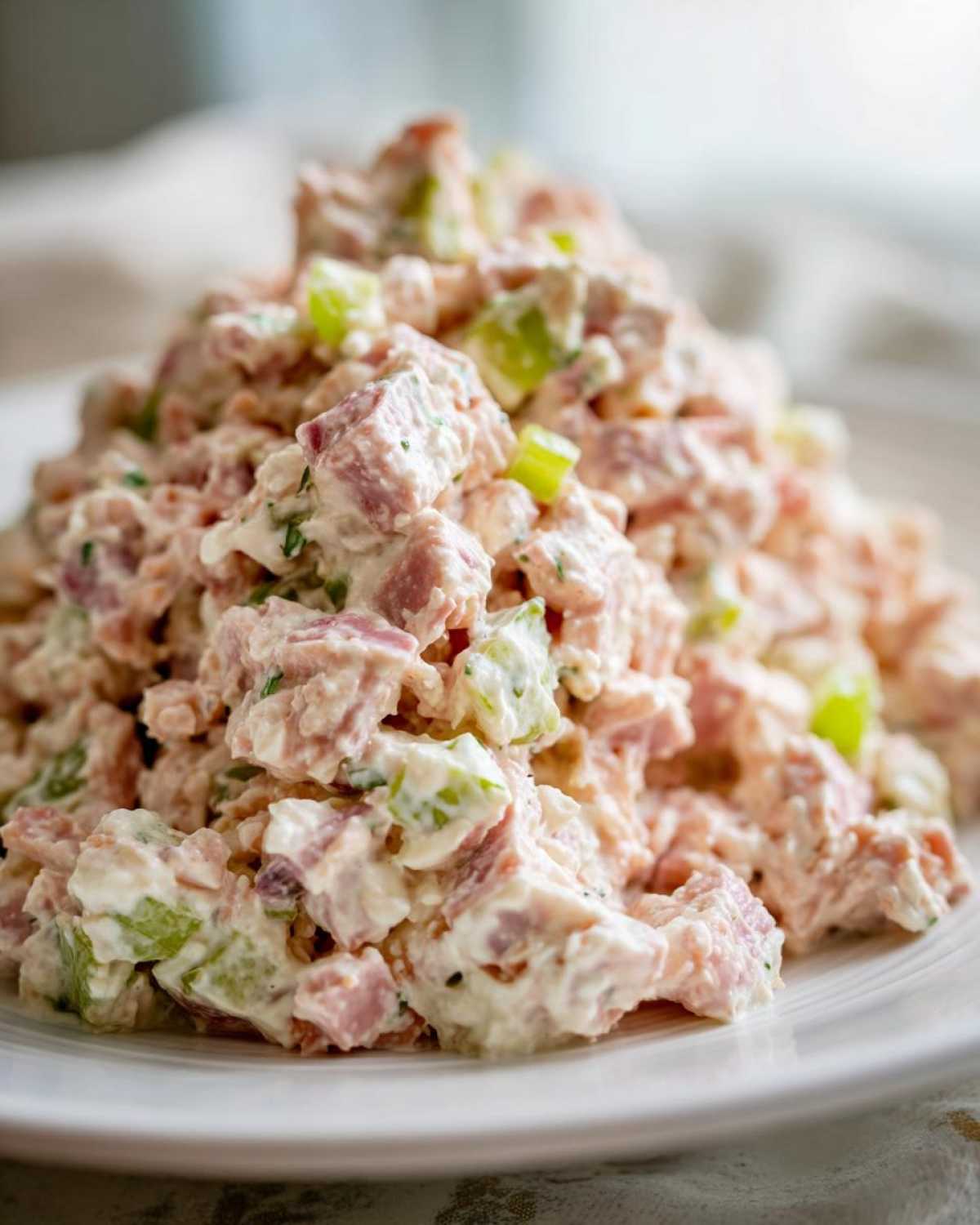 Close-up of a mound of creamy ham salad recipe featuring diced ham and celery on a white plate.