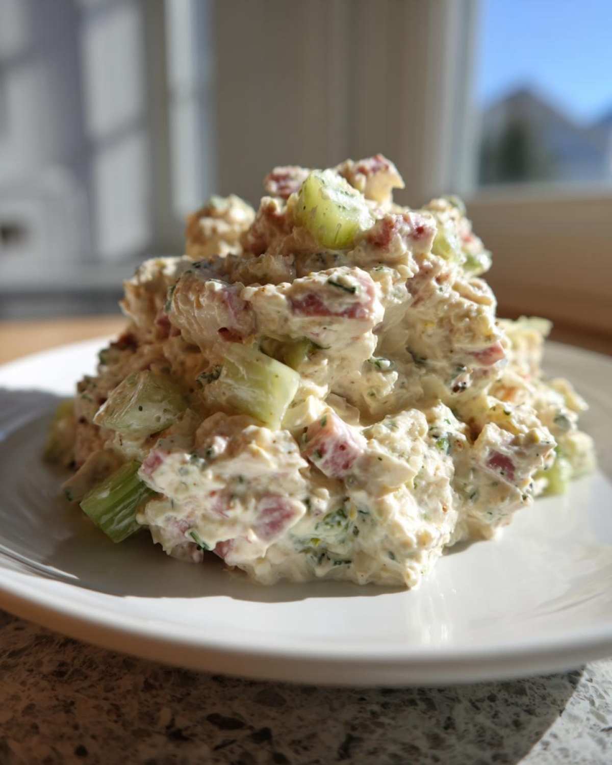 A mound of creamy ham salad recipe mixed with celery and pink ham pieces, served on a white plate.
