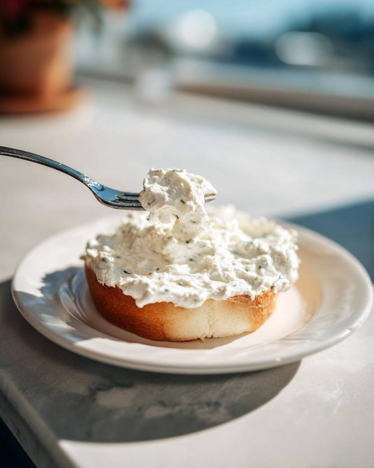 A fork scoops up a dollop of creamy horseradish sauce spread thickly on a piece of toasted bread on a white plate.