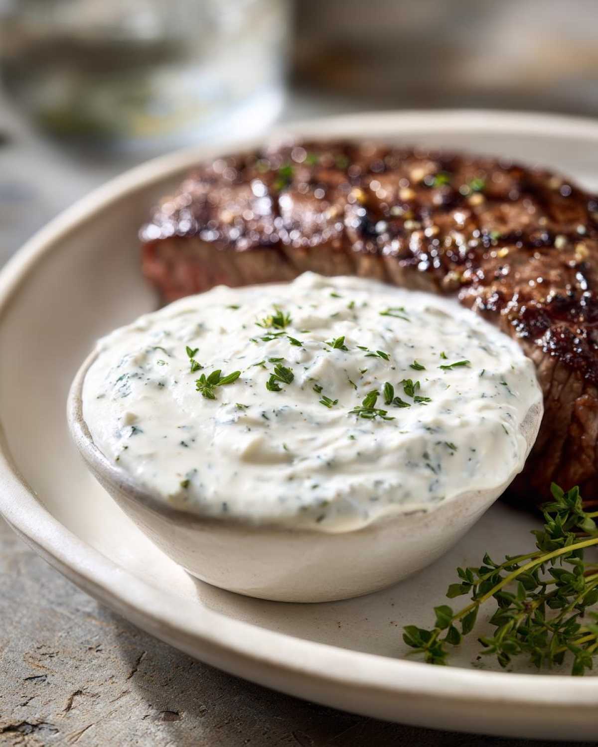 A small bowl of creamy horseradish sauce topped with parsley next to a grilled steak.