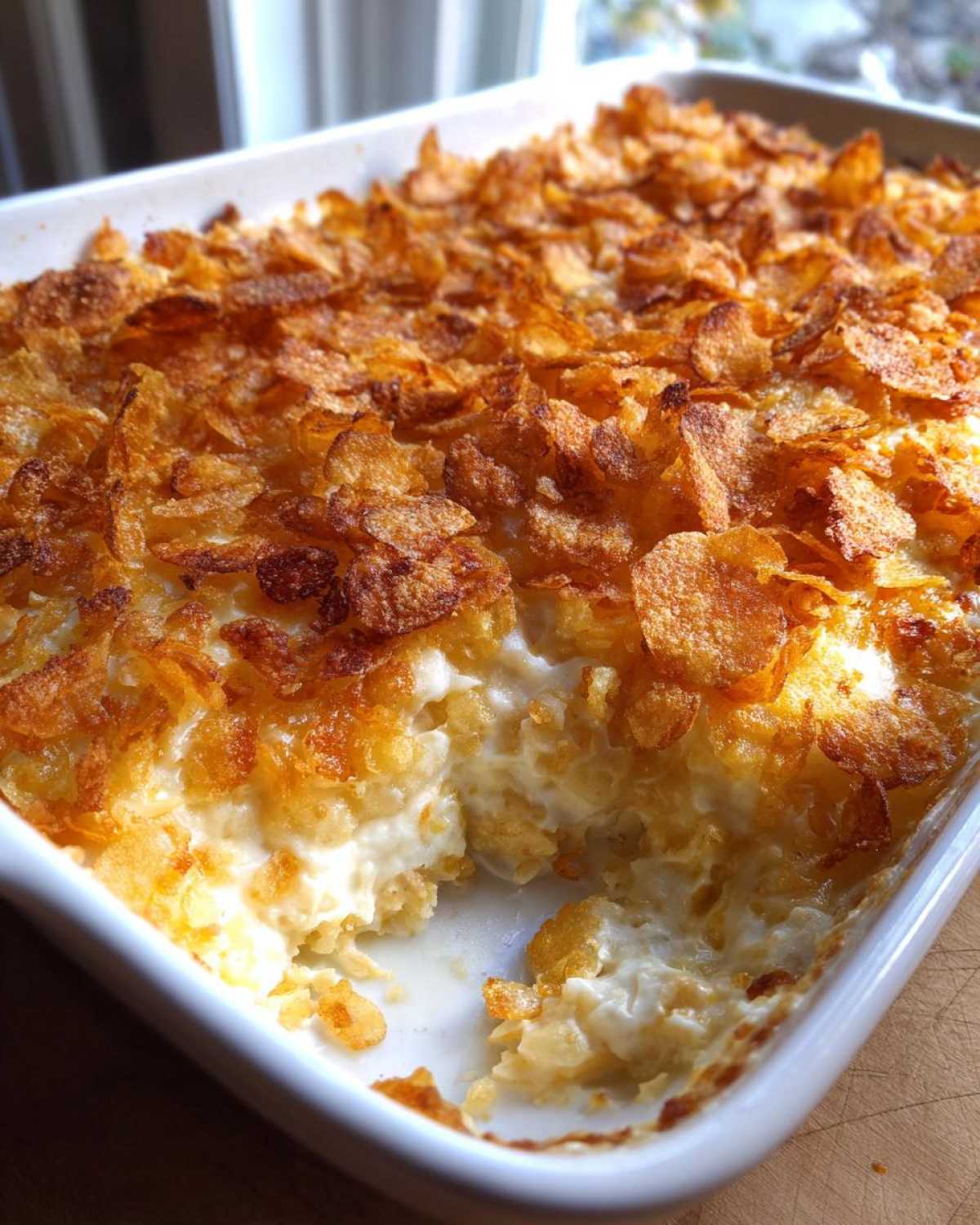 A portion of creamy hot chicken salad casserole topped with golden, crunchy cornflakes, served in a white baking dish.