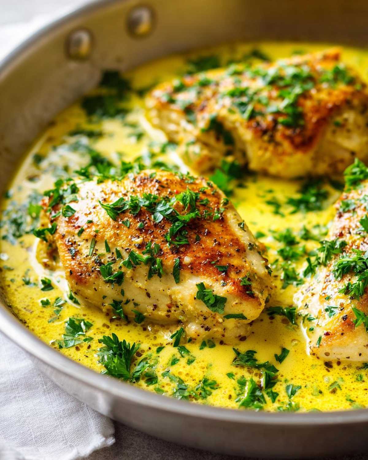 Close-up of seared chicken breasts simmering in a bright yellow creamy lemon sauce, topped with fresh parsley.