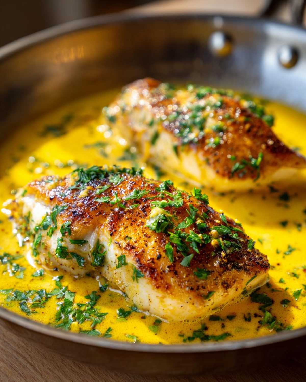 Two pieces of seared chicken breast simmering in a bright, creamy lemon sauce topped with fresh parsley.