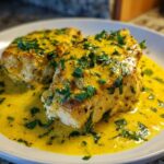 Two pieces of seared chicken breast smothered in a vibrant, creamy lemon sauce and topped with fresh parsley.