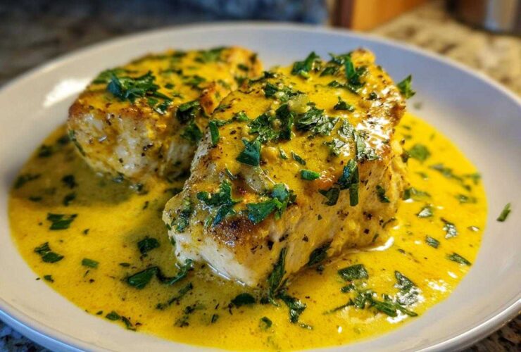 Two pieces of seared chicken breast smothered in a vibrant, creamy lemon sauce and topped with fresh parsley.