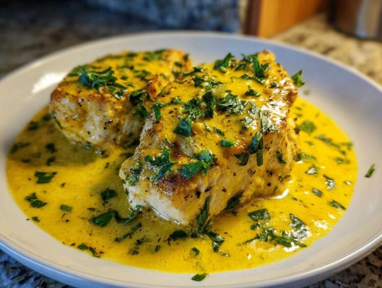 Two pieces of seared chicken breast smothered in a vibrant, creamy lemon sauce and topped with fresh parsley.