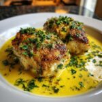 Two seared chicken breasts covered in a rich, creamy lemon sauce and topped with fresh parsley.