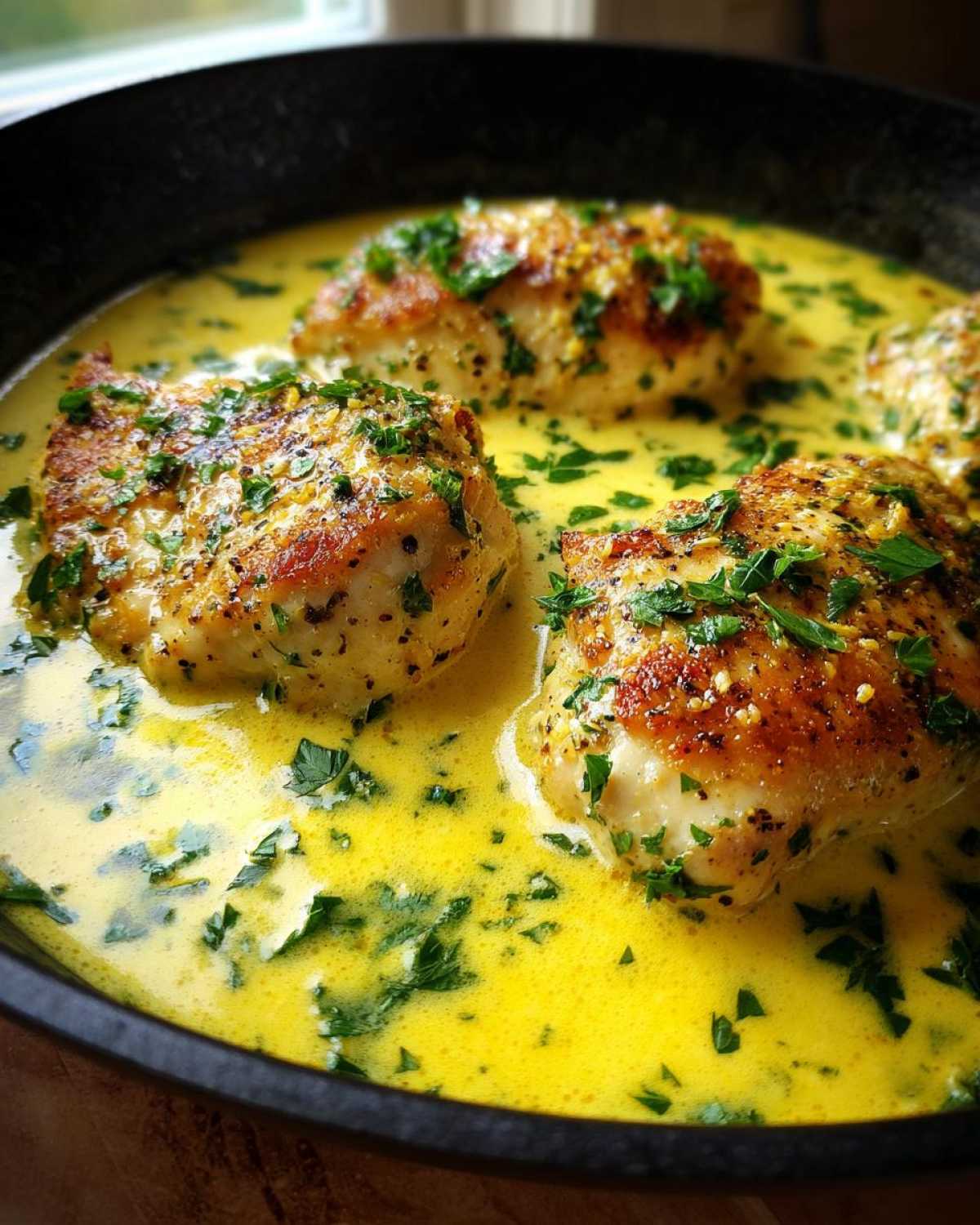 Close-up of seared chicken pieces simmering in a bright, creamy lemon sauce, garnished with parsley.