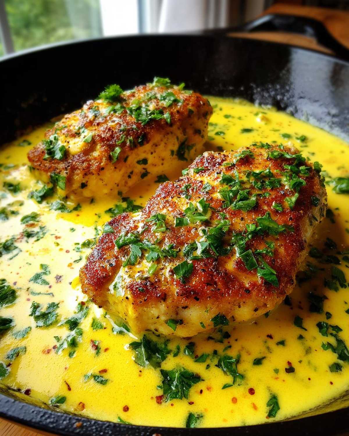 Two golden-brown chicken breasts swimming in a bright yellow creamy lemon chicken sauce, garnished with fresh parsley.