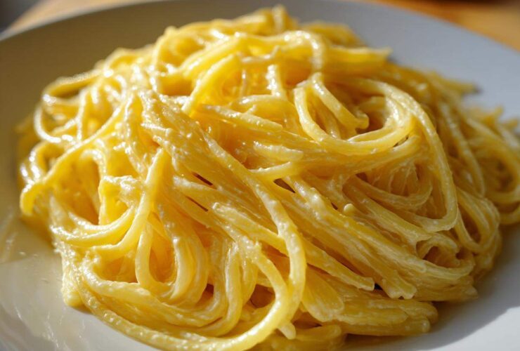 A close-up shot of spaghetti coated in a rich, bright sauce for creamy lemon pasta served on a white plate.