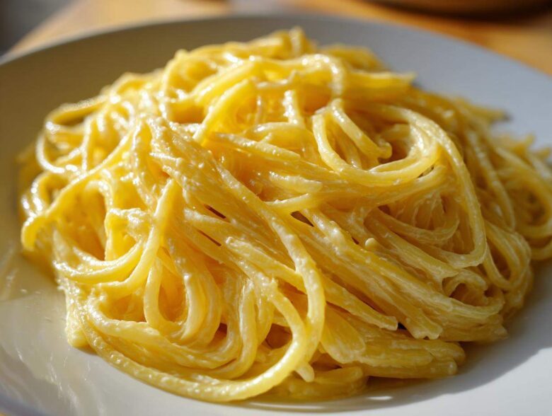 A close-up shot of spaghetti coated in a rich, bright sauce for creamy lemon pasta served on a white plate.