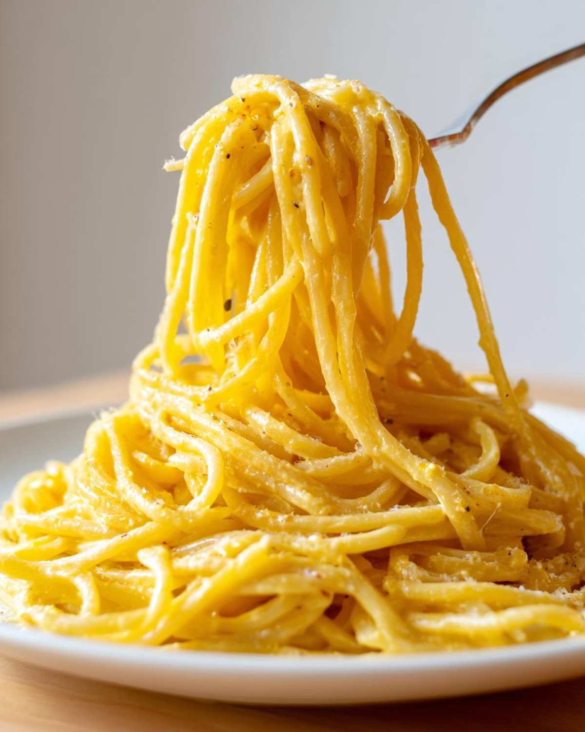 A fork lifting a generous twirl of bright yellow, creamy lemon pasta coated in sauce and black pepper.