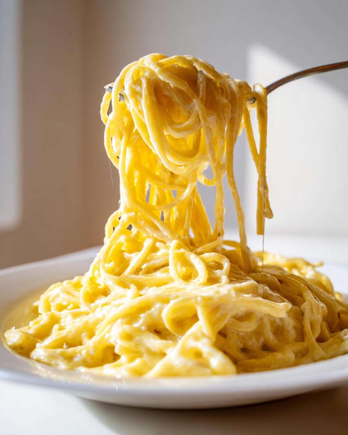 A fork lifts a generous portion of bright yellow, saucy creamy lemon pasta from a white bowl.
