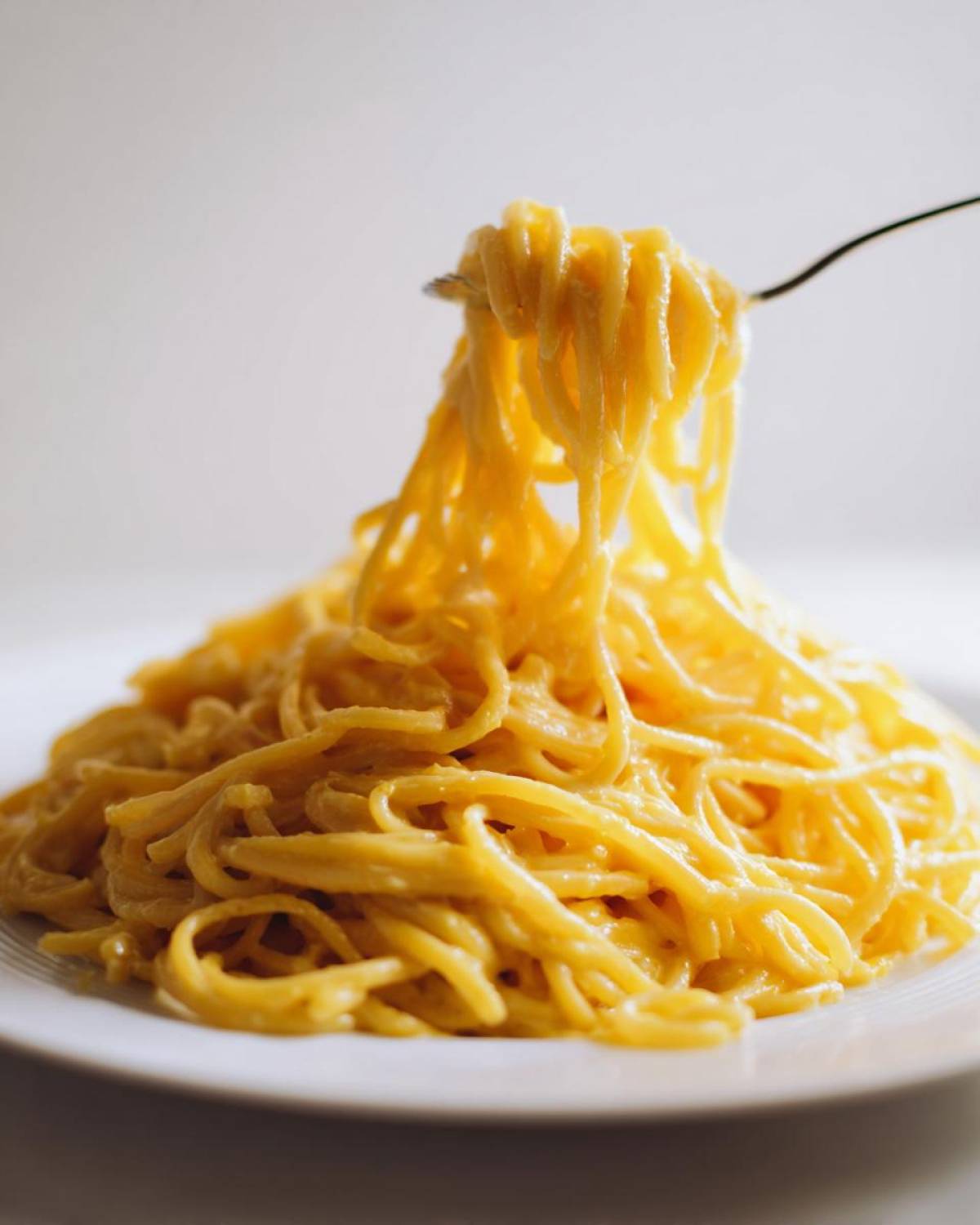 A fork lifting spaghetti coated in rich sauce from a plate of creamy lemon pasta.