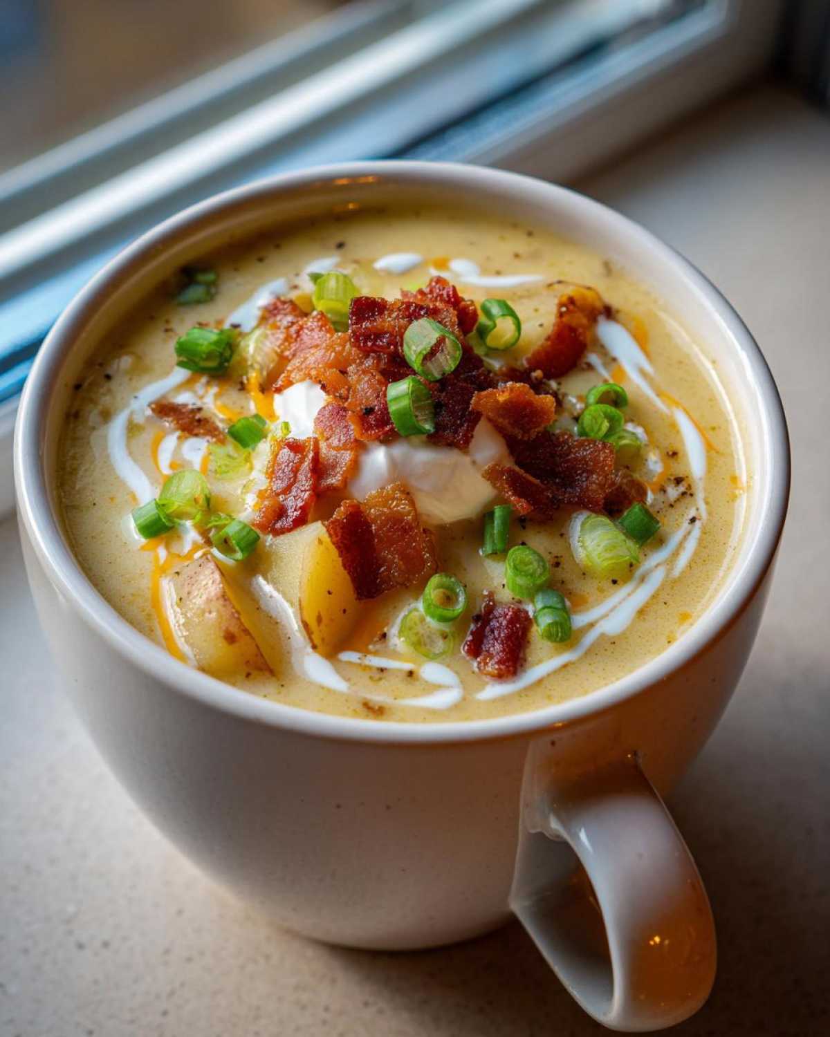 A close-up of a mug filled with creamy loaded baked potato soup, topped with bacon, sour cream, and chives.